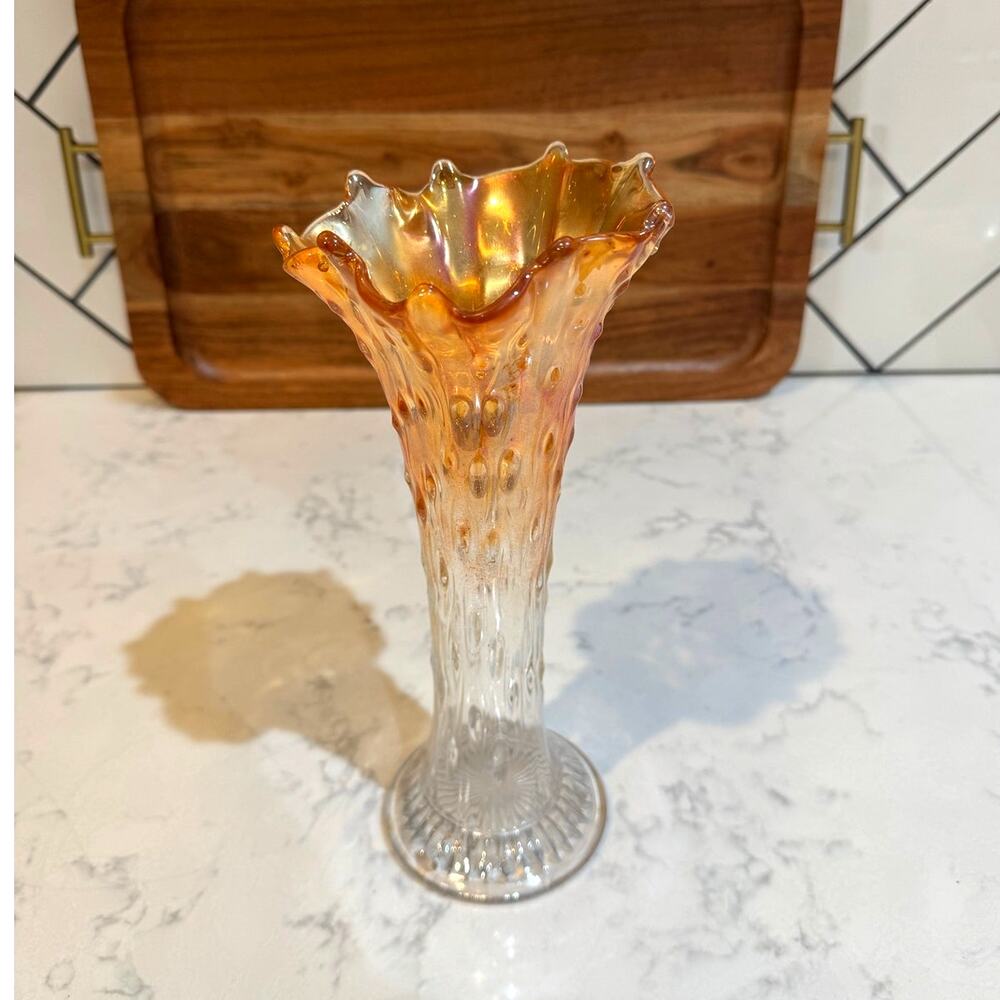 Jeannette Glass Diamond Point Columns pattern swung vase ombré orange clear